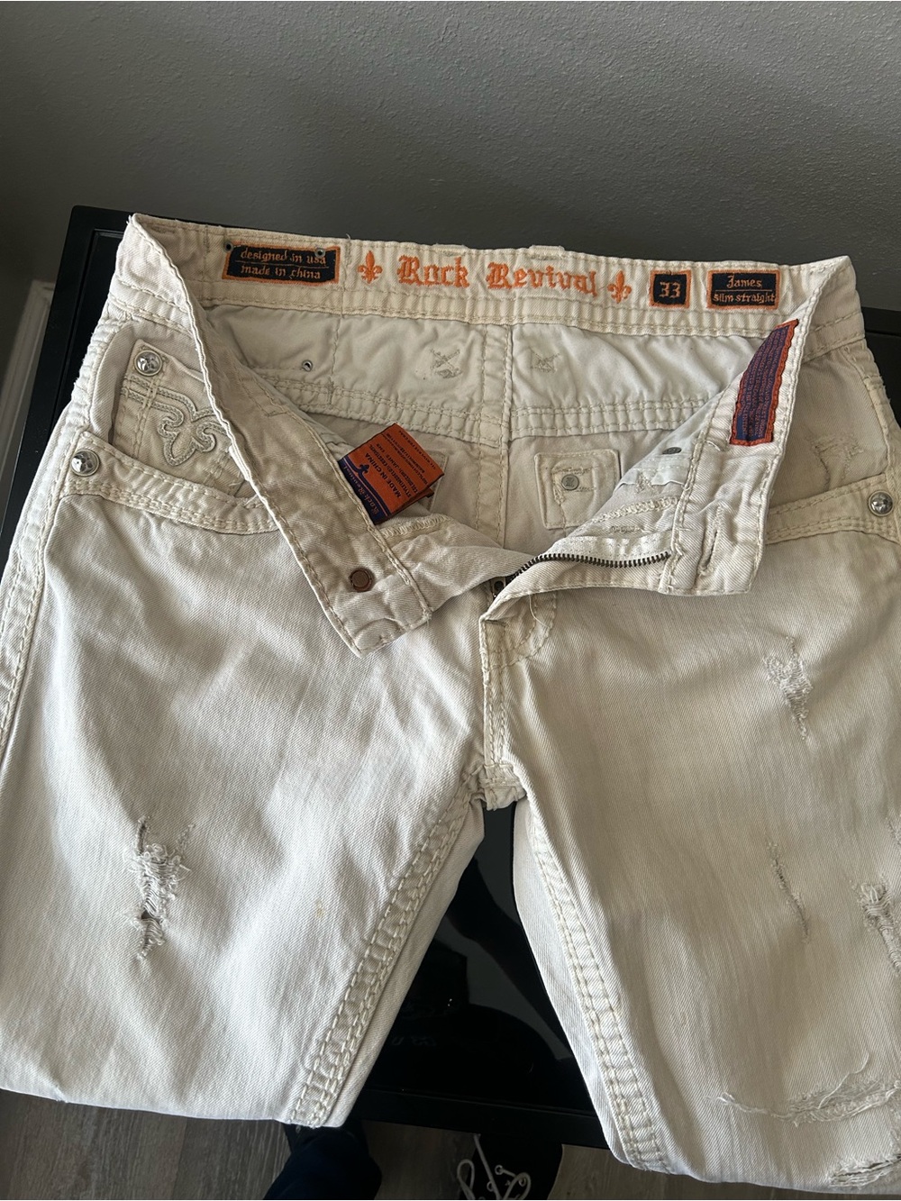 Rock Revival Men's Cream Slim Straight Jeans with Subtle Distress